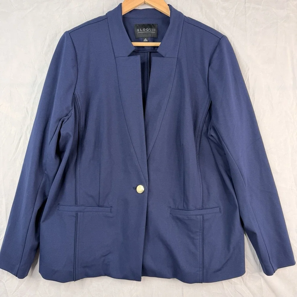 Eloquii Women's Size 18‎ One Button Blazer Jacket Navy Shoulder Pads. 66% Rayon